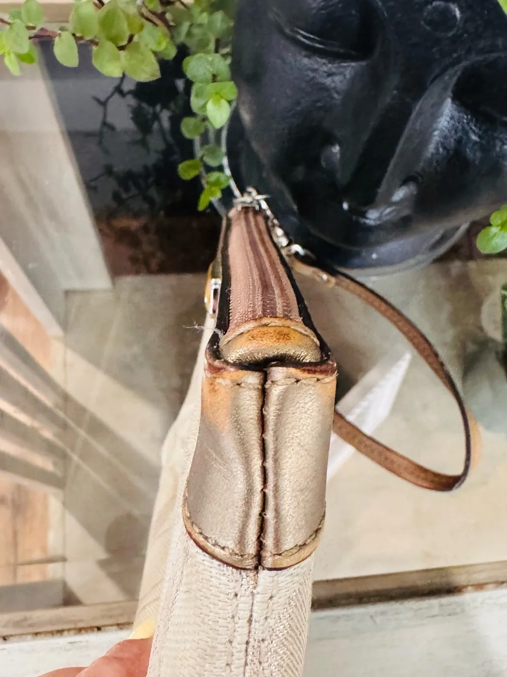 Coach Beige Signature Wristlet with Leather Trim